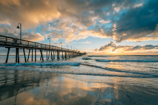 Fototapeta The pier at sunset, in Imperial Beach, near San Diego, California
