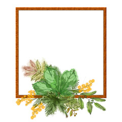 Summer Tree Leaves Vignette Decorating Square Frame on White Background. Botanical Illustration for Print, Greeting Card, Invitation, Banner, etc. 
