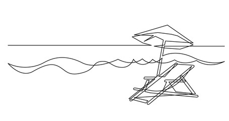 continuous line drawing of beach chair and umbrella near sea waves