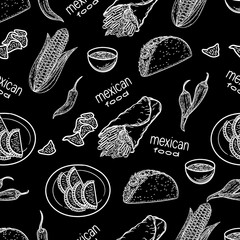 Seamless black and white pattern of Mexican national food.Burrito, corn, guacamole, salsa, empanadas, tacos and chili paper in the engraving style isolated on black background.