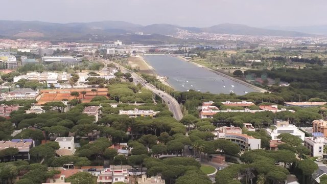 Barcelona. Aerial view in Castelldefels, coastal town. Spain. 4k Drone Video