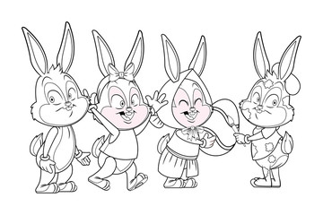Obraz na płótnie Canvas Cute easter bunny happy friends black and white