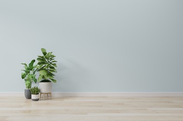 Empty room with plants mockup have wooden floor,3D rendering