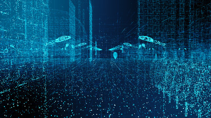 Architecture digital background smart city digital connected buildings network infrastructure - 3D graphic illustration rendering