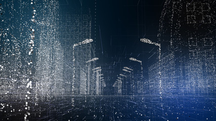 Smart city digital connected buildings network infrastructure technology - 3D graphic illustration rendering