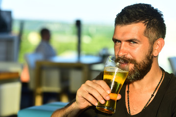 Bearded man with a glass of beer. Beer. Cheerful young man holding glass of beer and looking at camera.