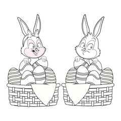 Cute easter bunny happy friends egg baskets black and white