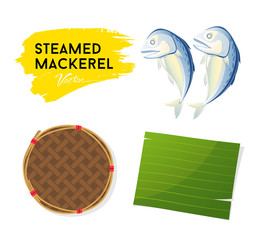Steamed mackerel and leaf banana with bamboo basket vector collection isolated on white background, illustration