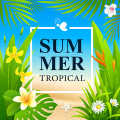 Summer Sale Tropical flower and green leaf vector background, illustration