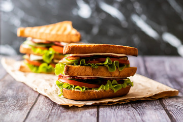 Sandwich with cheese, tomato, cucumber, sausage and salad on wooden background. Horizontal orientation