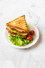 Sandwich with cheese, tomato, cucumber, sausage and salad on a light background. Vertical orientation