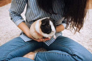 The host girl holds a guinea pig with a large mustache in her arms in the lotus position. Favorite...