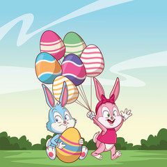 Cute easter bunny happy friends egg ballons nature background bushes