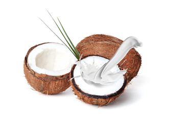 Coconuts with fresh milk on white background