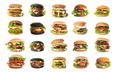 Set of delicious burgers on white background