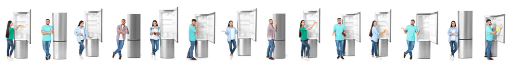 Young man near open refrigerator on white background