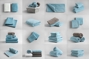 Basket of fresh towels on grey background