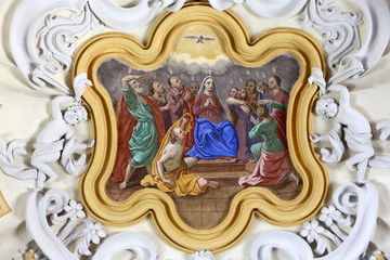 Fototapeta na wymiar La Sainte-Vierge recevant l'Esprit-Saint. Eglise Saint-Nicolas de VŽroce.