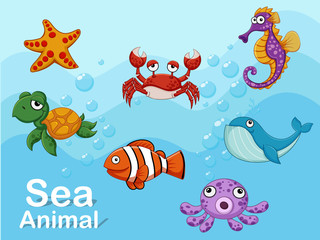 Fototapeta na wymiar Cute cartoon sea animals underwater. Vector illustration set of collection sea creatures
