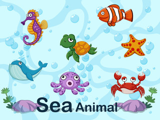 Naklejka na ściany i meble Cute cartoon sea animals underwater. Vector illustration set of collection sea creatures