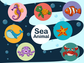 Cute cartoon sea animals underwater. Vector illustration set of collection sea creatures