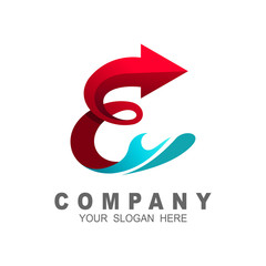 Initial letter e logo with arrow shape. letter e business logo template, wave ans letter e