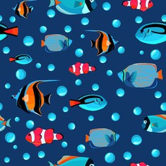 Fish underwater with bubbles. Undersea seamless pattern.