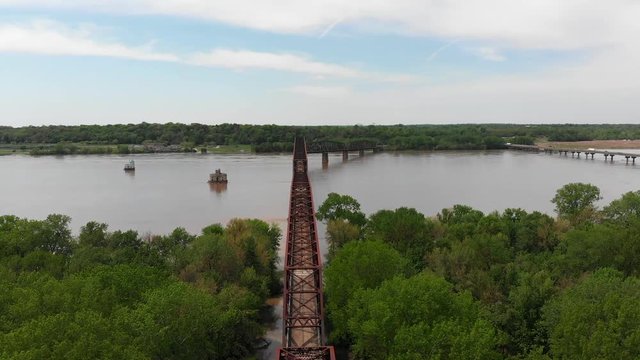 Drone Aerial Pedestal Shot of Old Historic Chain of Rocks Bridge on Route 66 Between Illinois and St Louis Missouri Over Mississippi River