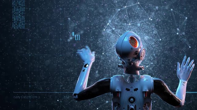 sci-fi woman robot ,  large holographic interface study and search for extraterrestrial life of galactic scales animation of the digital world of the future of neural networks and the artificial intel