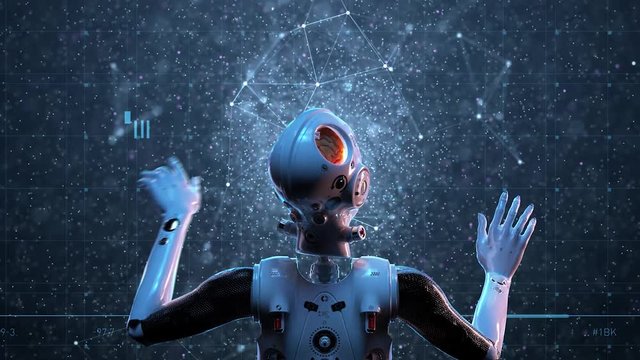 sci-fi woman robot ,  large holographic interface study and search for extraterrestrial life of galactic scales animation of the digital world of the future of neural networks and the artificial intel