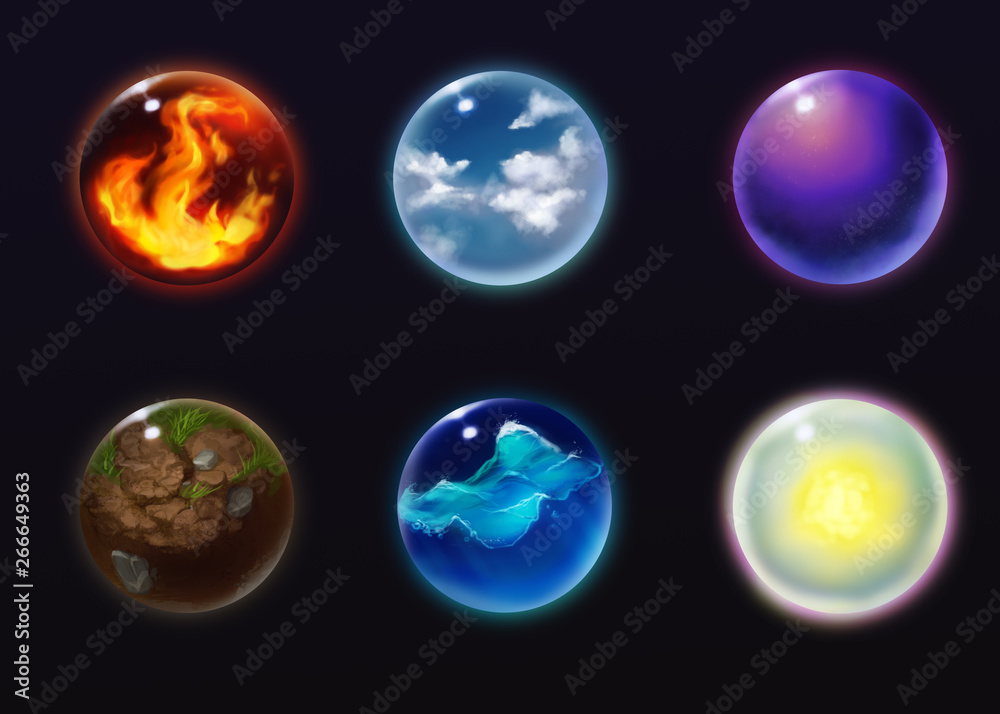 Wall mural shiny crystal orbs with symbols of nature elements, fire,air, magic,earth, water and light. witchcra