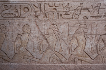 Abu Simbel, Egypt: Detail of carvings at the temple of Ramses II at Abu Simbel, built in the 13th century BC, on the western shore of Lake Nasser.