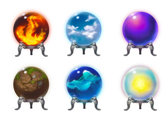 Crystal orbs with symbols of nature elements, fire,air, magic,earth, water and light. Witchcraft paranormal future prediction balls. Gypsy fortune-telling magical sphere isolated on white background.