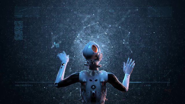 sci-fi woman robot ,  large holographic interface study and search for extraterrestrial life of galactic scales animation of the digital world of the future of neural networks and the artificial intel