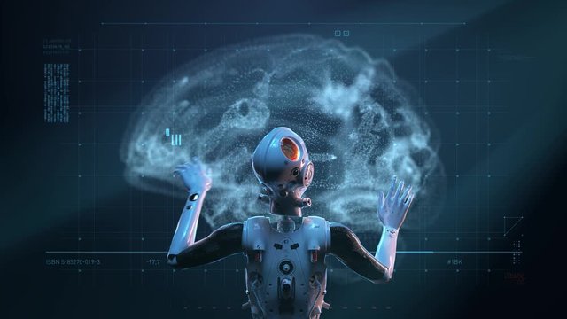 sci-fi woman robot ,  large holographic interface analysis of the study of the human brain and the search for lesions of viruses,  animation of the digital world of the future of neural networks and t