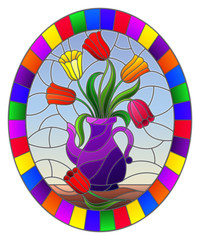 Illustration in stained glass style with still life, purple jug with colorful tulips,oval picture frame in bright