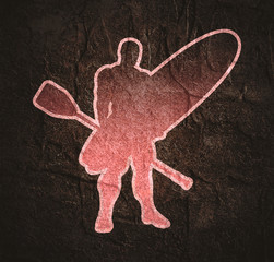 Man posing with surfboard and paddle. Vintage surfing outline emblem. Stand up paddle boarding