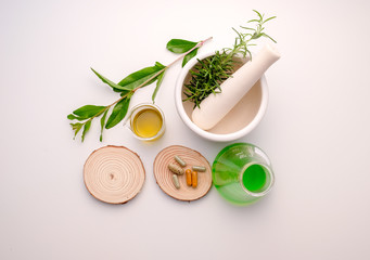 natural medicine herb with herbal product top view flat lay  decorative health care  white background