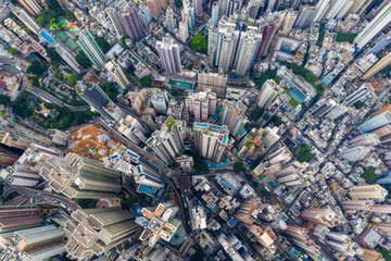 Drone fly over Hong Kong city