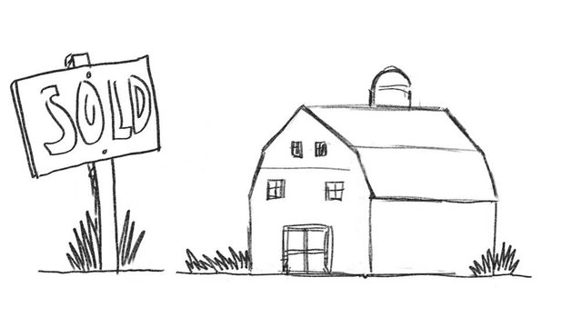 2d Animation motion graphics drawing of an American farm barn house with sold sign on white screen in HD high definition.
