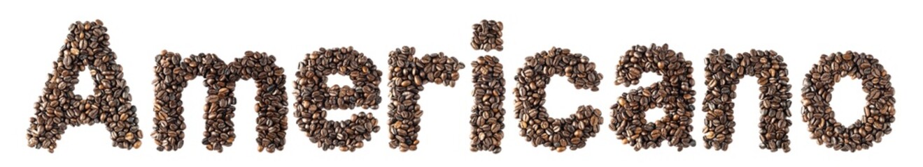 Coffee bean sort alphabetically. The word is americano. Which is the name of the menu is a drink of coffee. isolated on white background and clipping path.