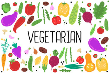 Healthy eating, vegetarian food, organic and fresh products,vegetables flat hand drawn isolated on white background.
