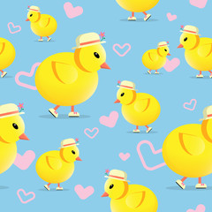 Cute little chickens with hearts seamless pattern background, vector illustration.