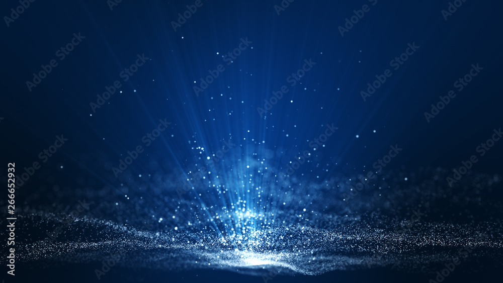 Wall mural Abstract dark blue digital background with sparkling blue light particles and areas with deep depths Particles form into lines, surfaces and grids