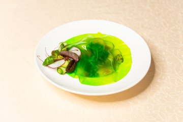 Vegetable salad with shrimps under a layer of green jelly in a white plate.