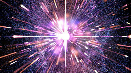 Digital dark blue abstract background with small blue light particles scattered throughout the area and the explosion of flares spreading into purple-pink light lines, areas with deep depths
