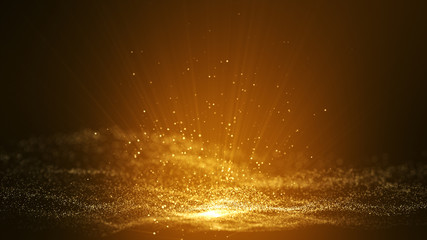 Digital dark brown abstract background with sparkling golden yellow light particles and areas with...