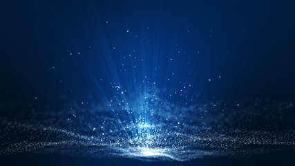 Abstract dark blue digital background with sparkling blue light particles and areas with deep...