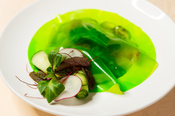 Vegetable salad with shrimps under a layer of green jelly in a white plate closeup.
