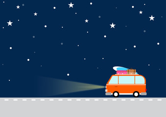 Orange travel car with dark blue night sky